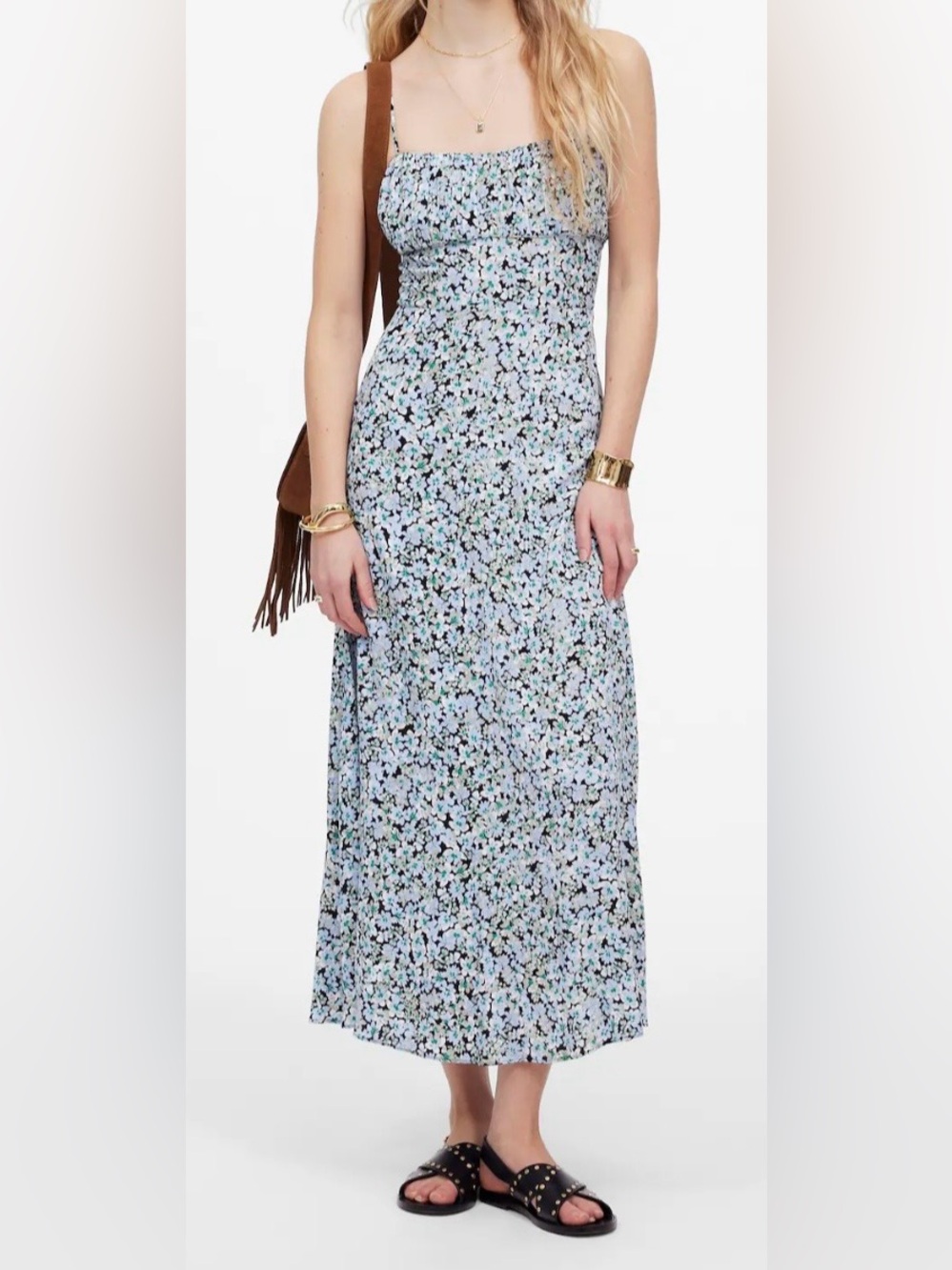 Madewell Ruched Sweetheart Sleevless Midi Dress Floral Blue & White Size 8